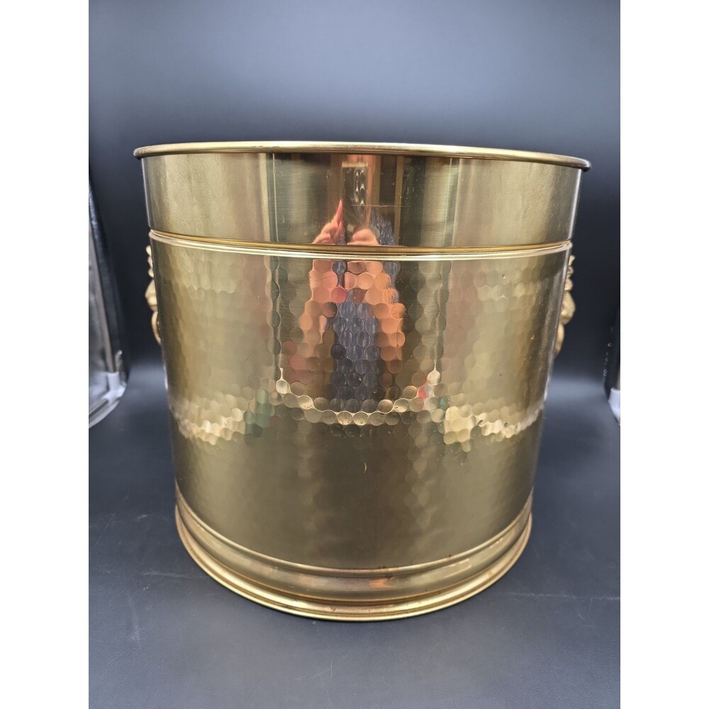 VTG XL Bristol USA Lion Head Handle Hammered Solid Brass Planter 16” X 14”